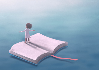Desenho de livro aberto sob o céu com uma menina de braços abertos.