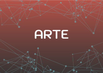 Fundo laranja escuro, com fios geométrios. Texto: Arte