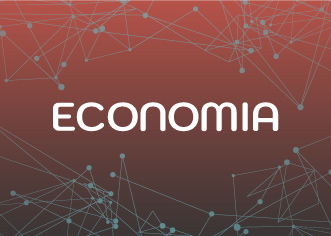 Fundo laranja escuro, com fios geométrios. Texto: Economia