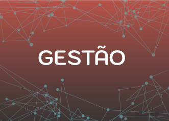 Fundo laranja escuro, com fios geométrios. Texto: Gestão