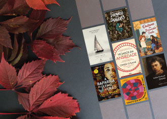 Capas de vários livros, e uma folha de outuno castanha.