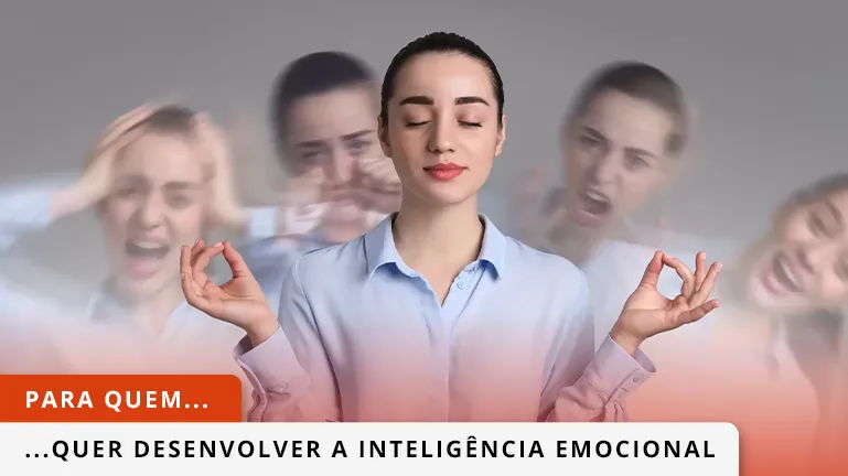 Uma mulher a meditar, e várias réplicas da mesma, com ouras emoções
