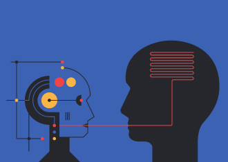 Ilustração de robot ligado ao cérebro humano, pela boca do robot.