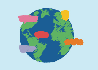 Imagem do globo com balões de fala coloridos espalhados pelos vários continentes.