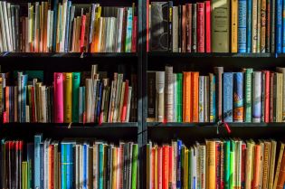 Fotografia de uma estante de livros coloridos
