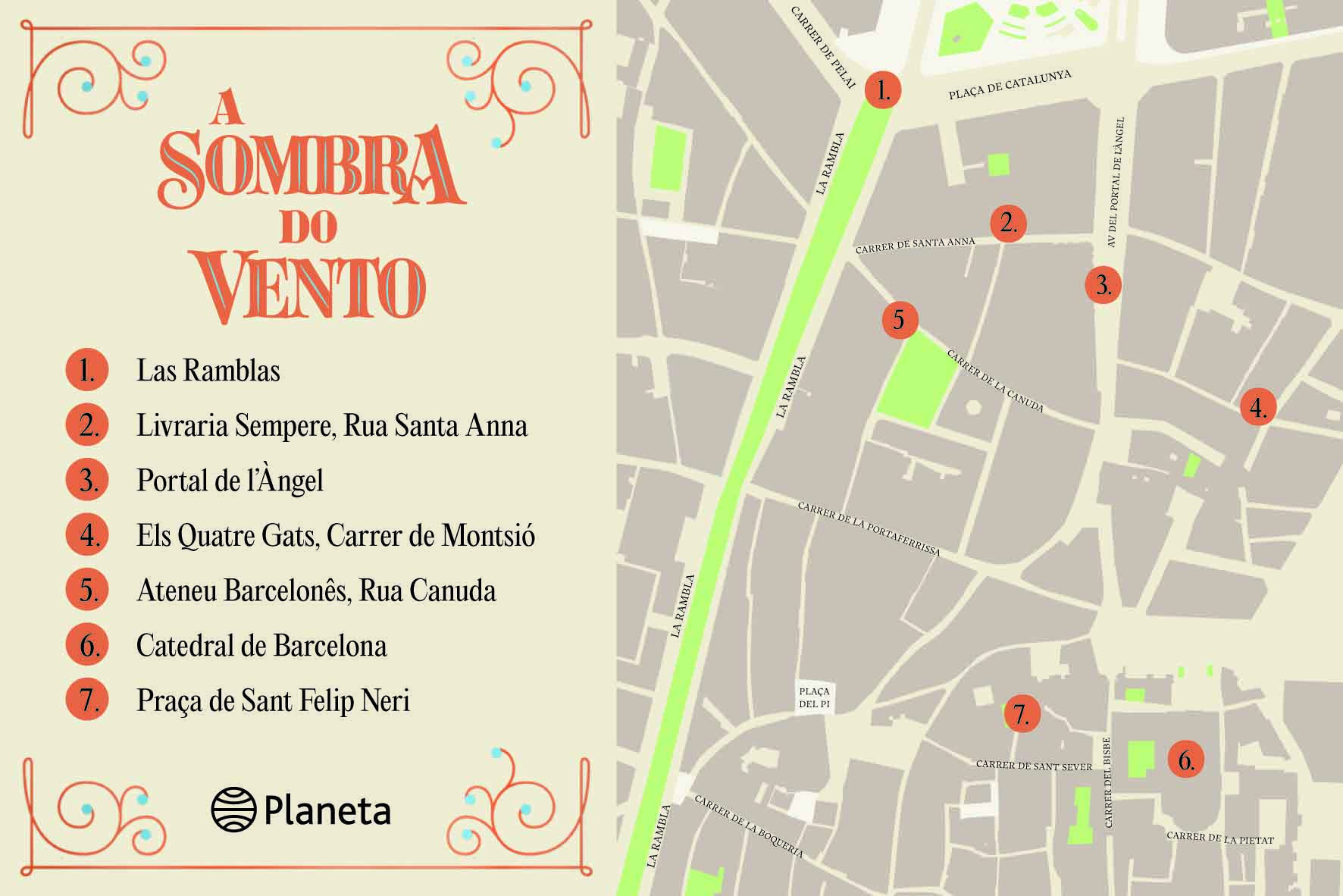 Mapa do roteiro de Barcelona com base no livro A Sombra do Vento