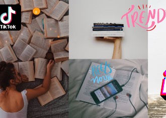 colagem de fotografias de livros, espalhados numa cama, com um telemóvel em cima, uma pilha de livros. Com o simbolo tiktok